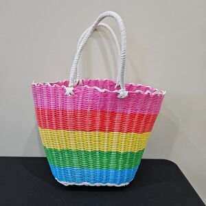 Rainbow Braided Wicker Tote Beach Bag Large Multicolor Cottagecore Picnic Summer